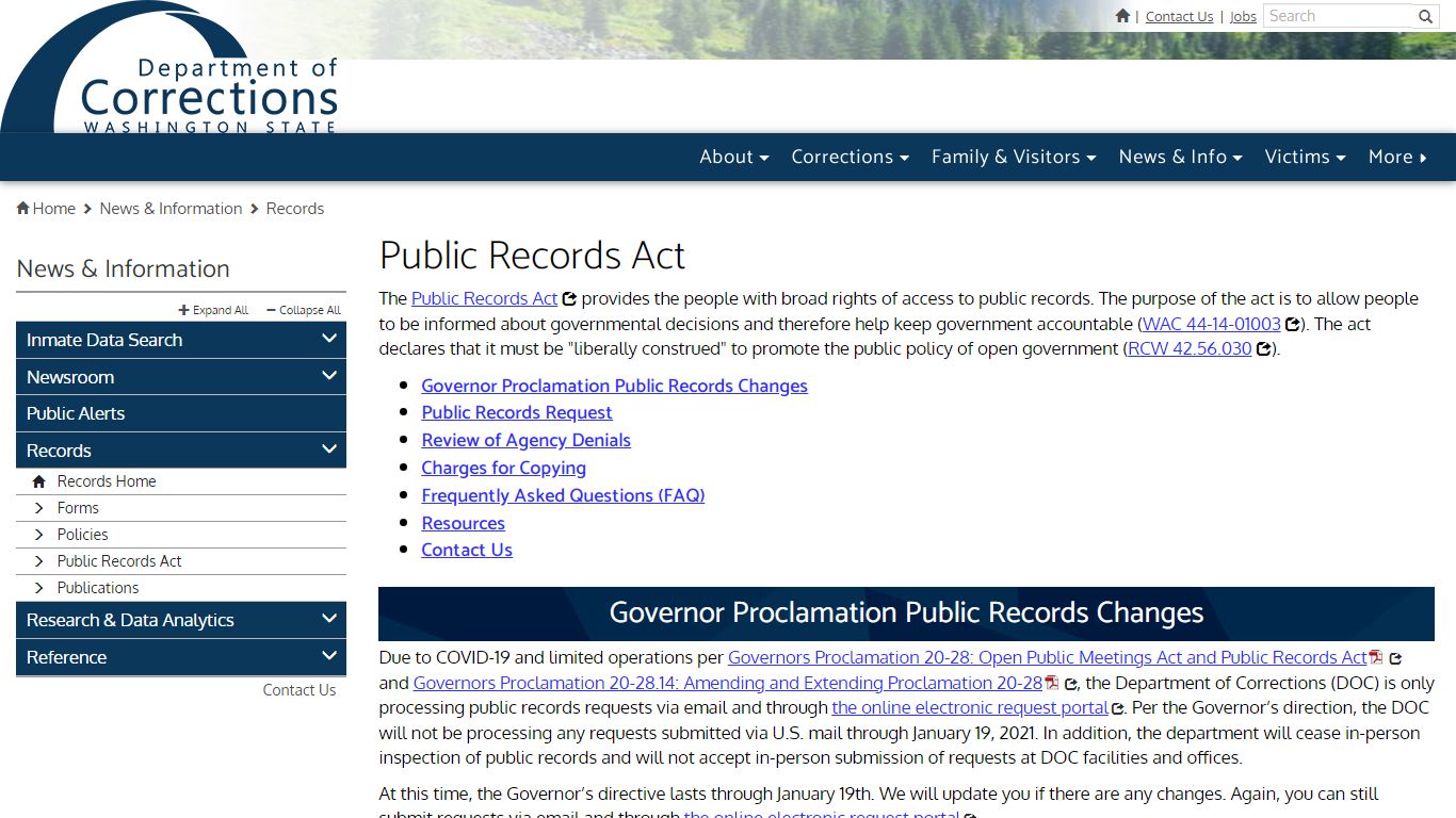 Public Records Act | Washington State Department of Corrections